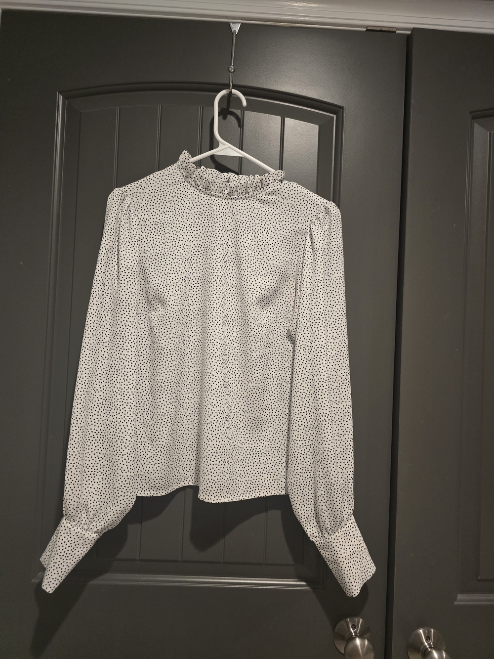 Women's White Polka Dot Long-Sleeve Ruffle Neck Blouse